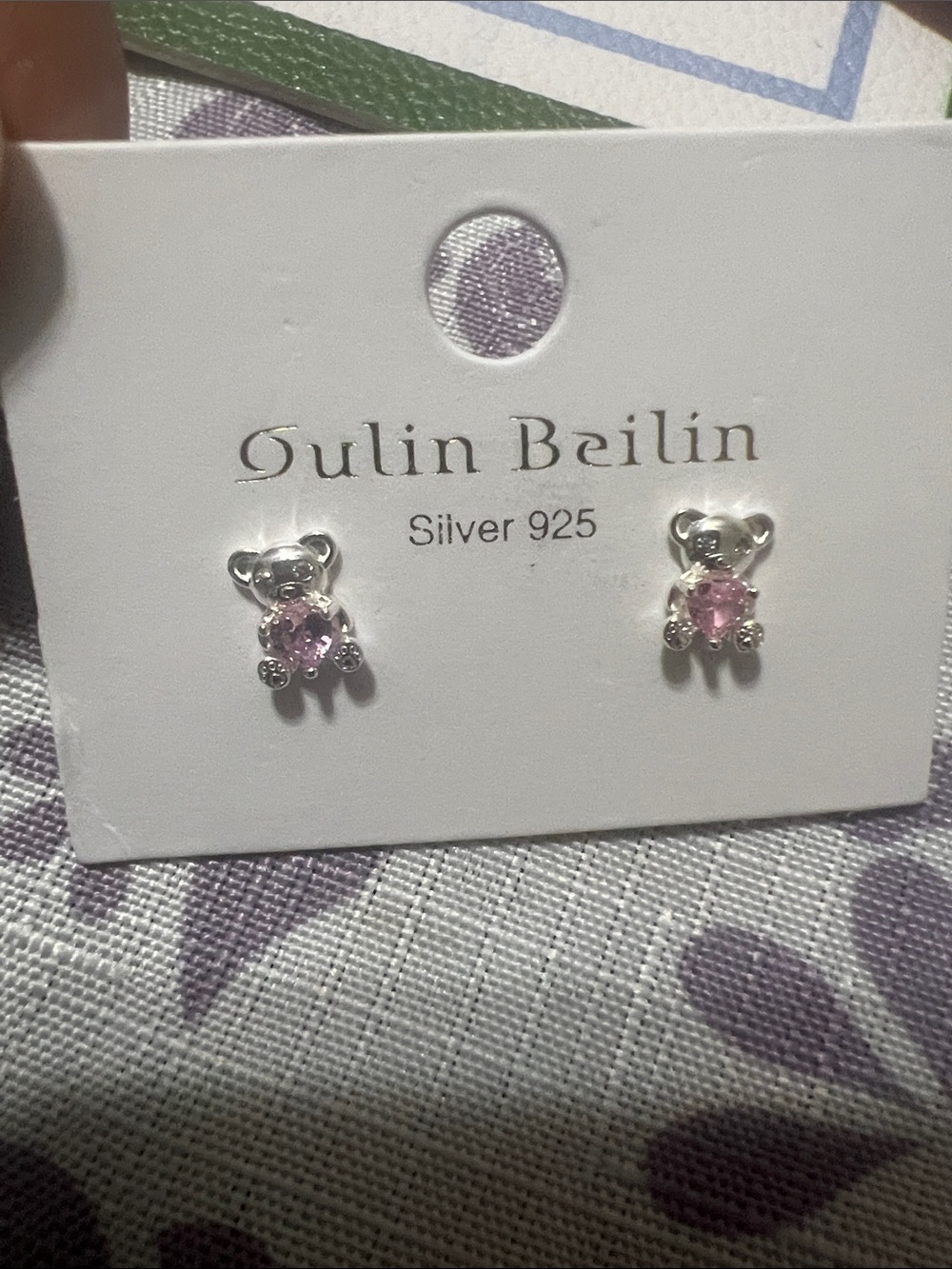 Silver 925 Pink Crystal Teddy Stud Earrings